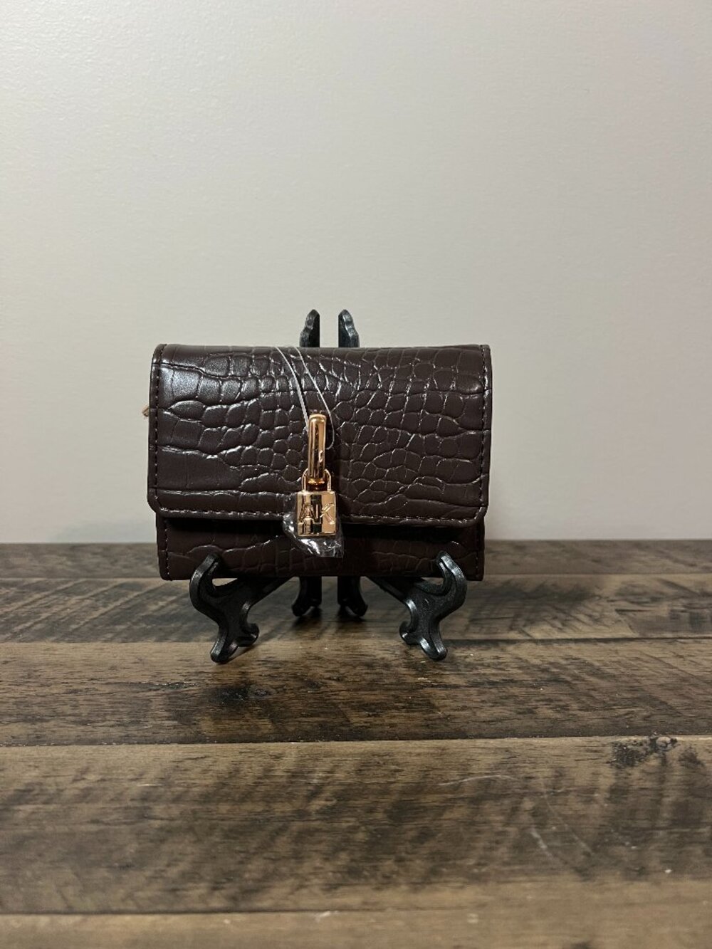 Anne Klein Espresso Brown Croc Embossed Flap Wallet Gold Hardware NWT